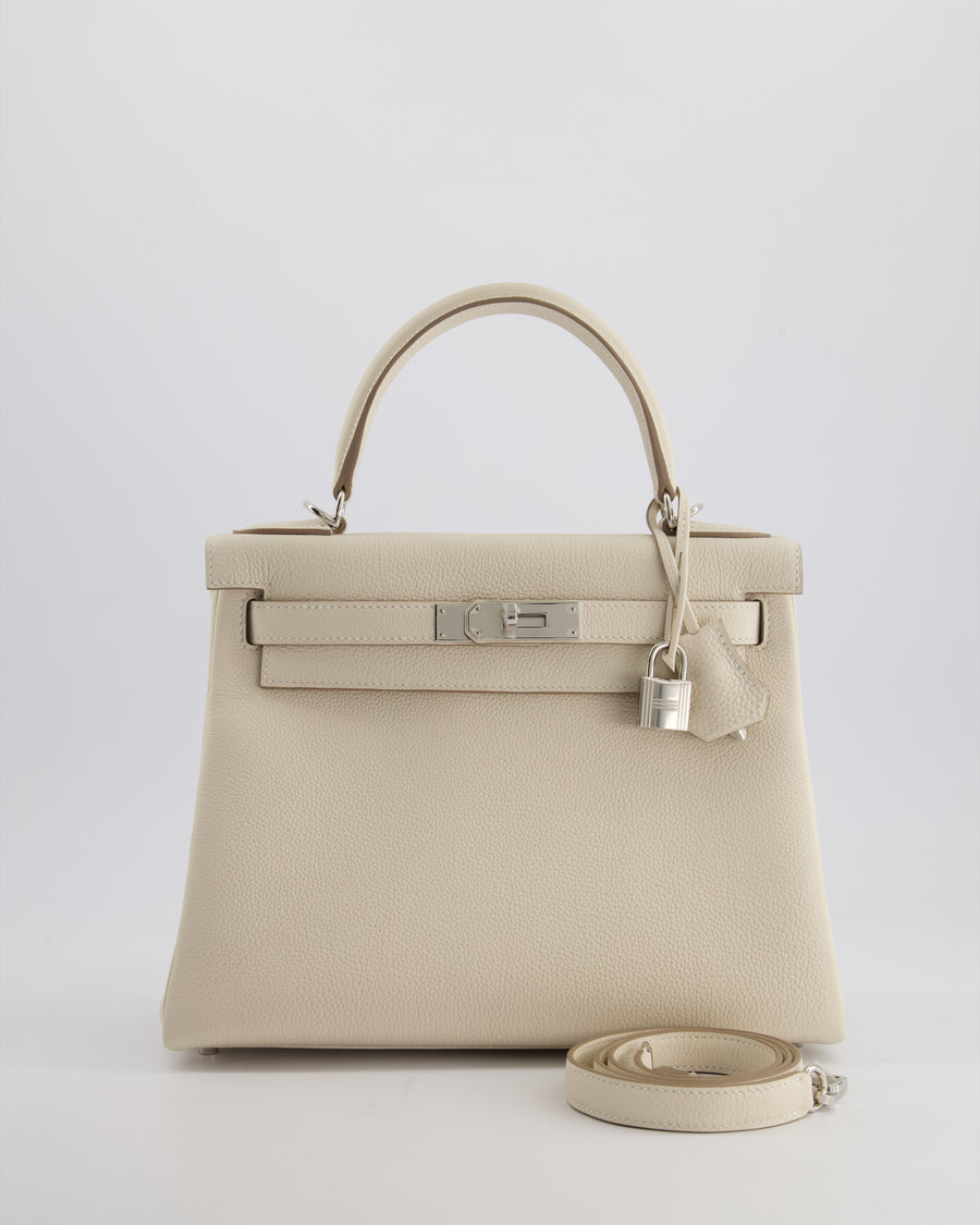 *NEW STAMP* Hermès Kelly 28cm Retourne Bag in Craie Togo Leather with Palladium Hardware