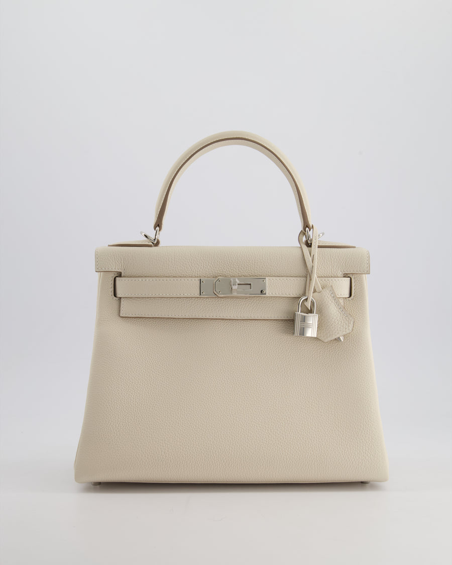 *NEW STAMP* Hermès Kelly 28cm Retourne Bag in Craie Togo Leather with Palladium Hardware