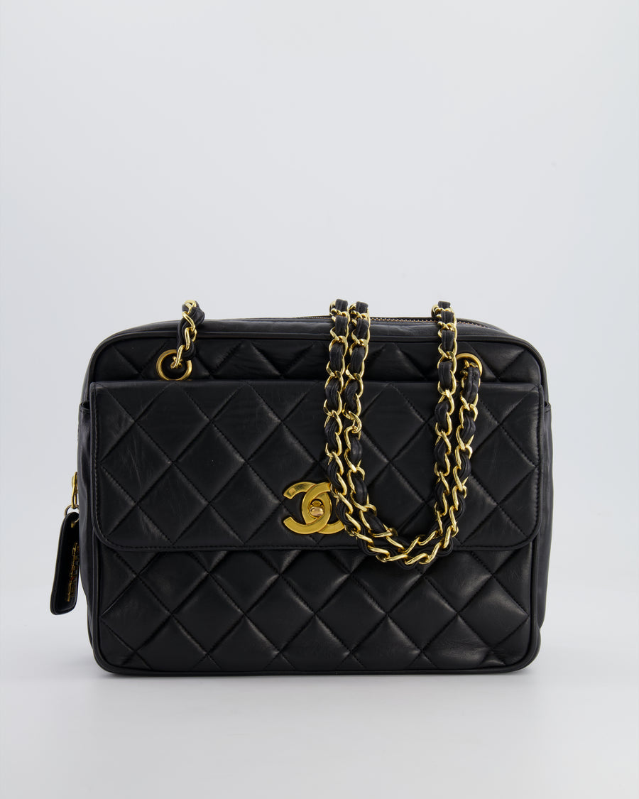 Chanel Vintage Black Camera Bag in Lambskin Leather with Front Pocket and 24k Gold Hardware