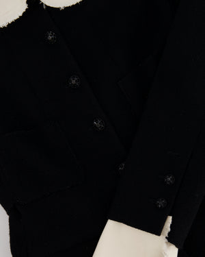 Chanel Black Wool Jacket with Ivory Silk Details and Embellished Buttons Size FR 38 (UK 10)