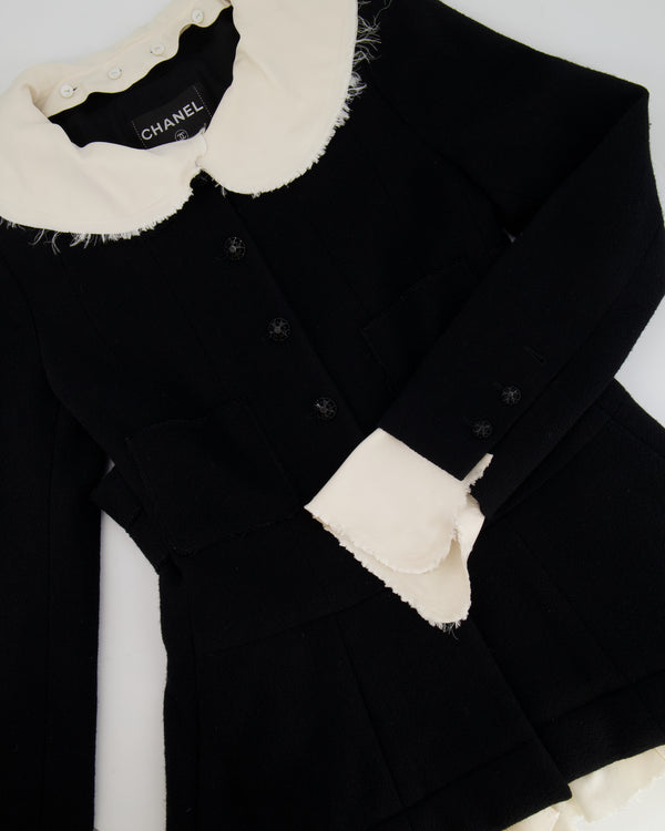 Chanel Black Wool Jacket with Ivory Silk Details and Embellished Buttons Size FR 38 (UK 10)