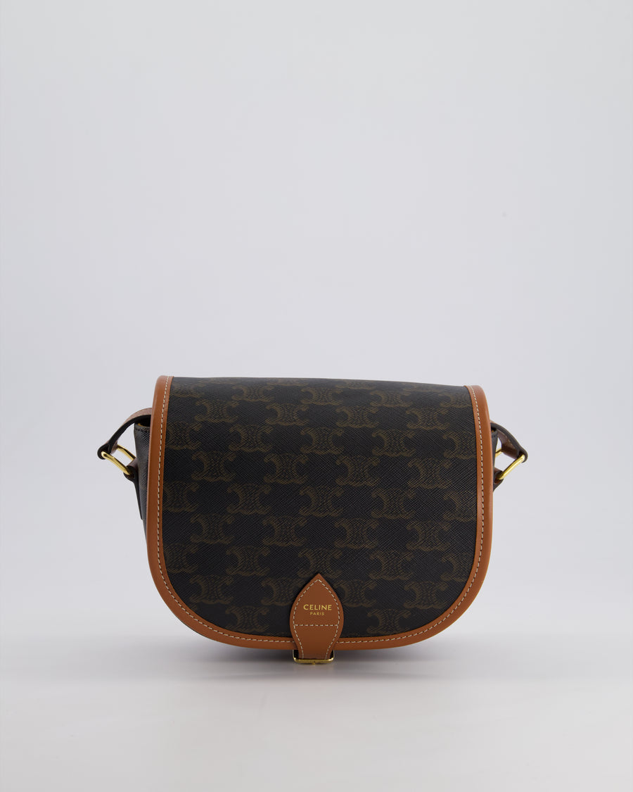 Celine Brown Medium Folco Bag in Triomphe Canvas and Calfskin with Gold Hardware