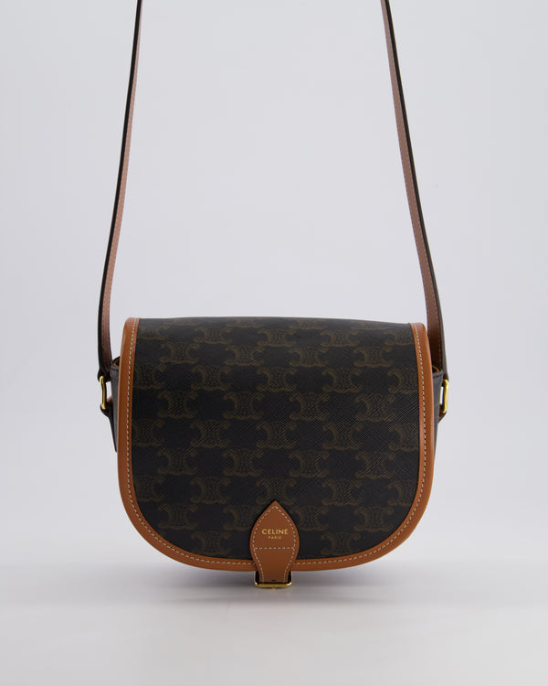 Celine Brown Medium Folco Bag in Triomphe Canvas and Calfskin with Gold Hardware