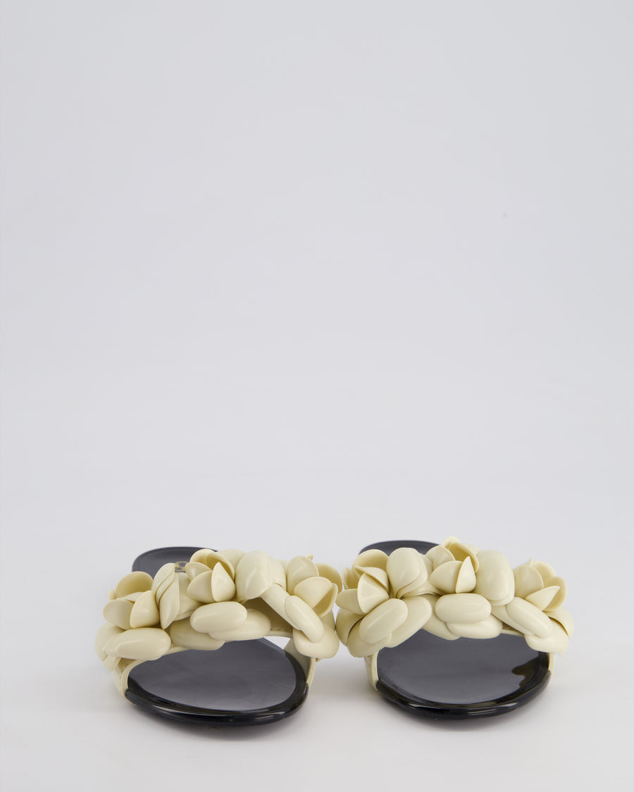 Chanel Black & Cream Rubber Camelia Slides with CC Detail Size 35