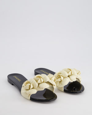 Chanel Black & Cream Rubber Camelia Slides with CC Detail Size 35