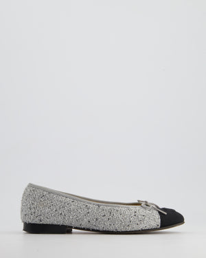 Chanel Grey & Silver Tweed Ballerina Flats with CC Detail Size EU 36