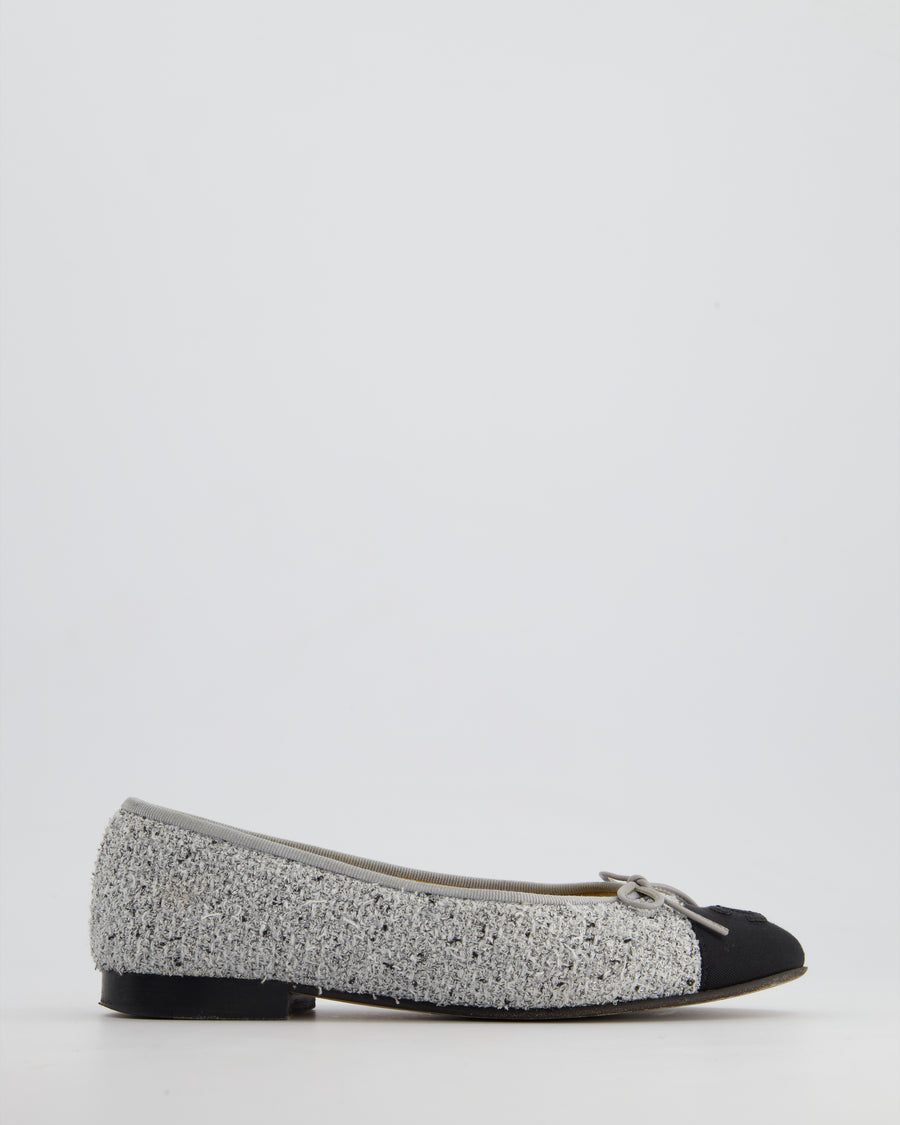 Chanel Grey & Silver Tweed Ballerina Flats with CC Detail Size EU 36