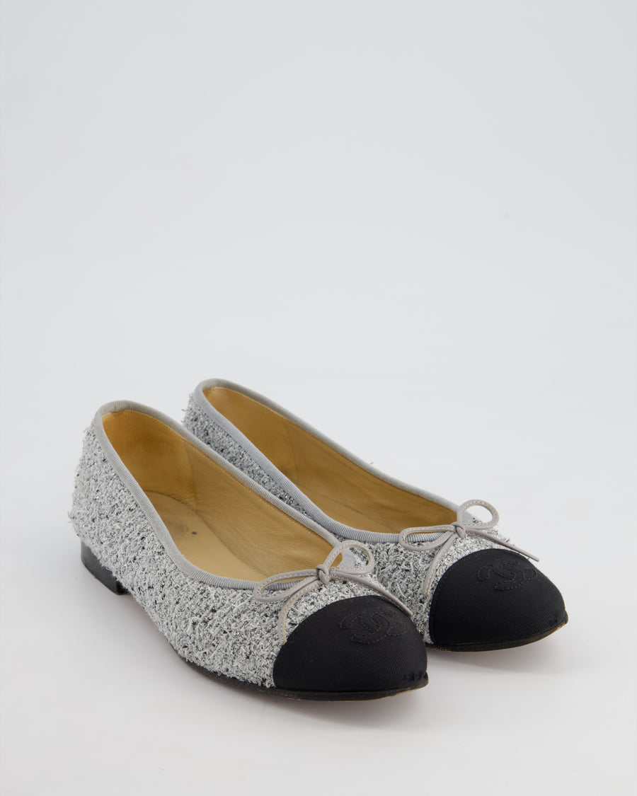 Chanel Grey & Silver Tweed Ballerina Flats with CC Detail Size EU 36