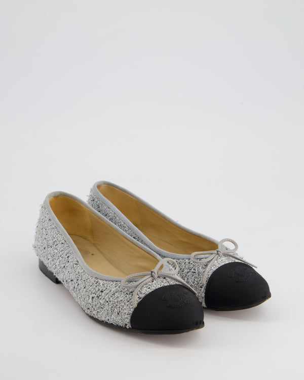 Chanel Grey & Silver Tweed Ballerina Flats with CC Detail Size EU 36