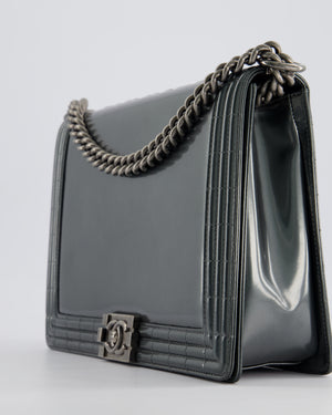 Chanel Large Dark Grey Boy Bag in Patent Leather with Ruthenium Hardware