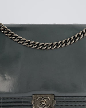 Chanel Large Dark Grey Boy Bag in Patent Leather with Ruthenium Hardware