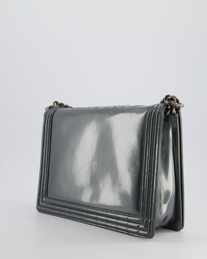 Chanel Large Dark Grey Boy Bag in Patent Leather with Ruthenium Hardware