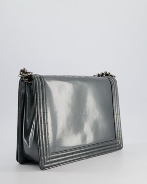 Chanel Large Dark Grey Boy Bag in Patent Leather with Ruthenium Hardware