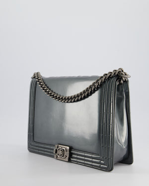 Chanel Large Dark Grey Boy Bag in Patent Leather with Ruthenium Hardware