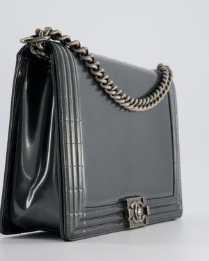 Chanel Large Dark Grey Boy Bag in Patent Leather with Ruthenium Hardware