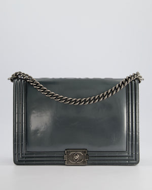 Chanel Large Dark Grey Boy Bag in Patent Leather with Ruthenium Hardware