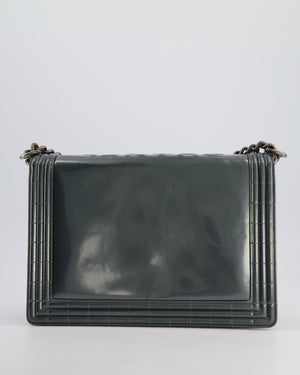 Chanel Large Dark Grey Boy Bag in Patent Leather with Ruthenium Hardware