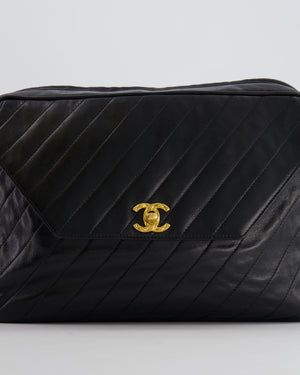 Chanel Vintage Black Large Camera Bag in Lambskin Leather with Front Pocket with 24k Gold Hardware