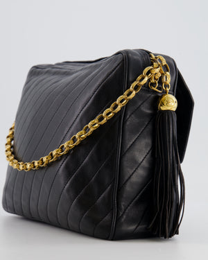 Chanel Vintage Black Large Camera Bag in Lambskin Leather with Front Pocket with 24k Gold Hardware