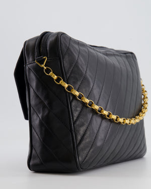 Chanel Vintage Black Large Camera Bag in Lambskin Leather with Front Pocket with 24k Gold Hardware