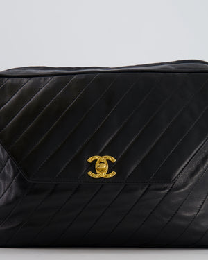 Chanel Vintage Black Large Camera Bag in Lambskin Leather with Front Pocket with 24k Gold Hardware