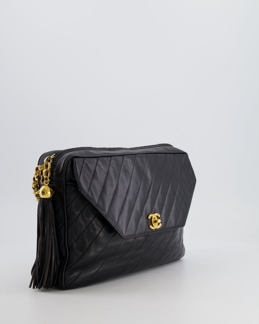 Chanel Vintage Black Large Camera Bag in Lambskin Leather with Front Pocket with 24k Gold Hardware