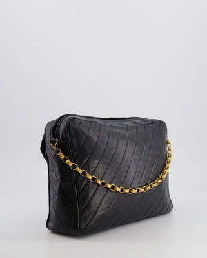 Chanel Vintage Black Large Camera Bag in Lambskin Leather with Front Pocket with 24k Gold Hardware