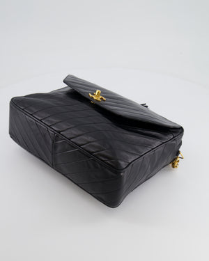 Chanel Vintage Black Large Camera Bag in Lambskin Leather with Front Pocket with 24k Gold Hardware