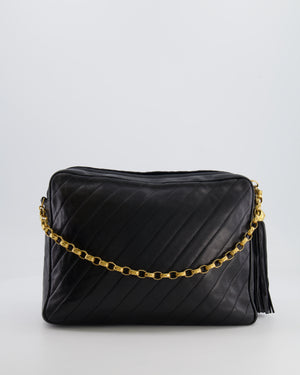 Chanel Vintage Black Large Camera Bag in Lambskin Leather with Front Pocket with 24k Gold Hardware