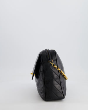 Chanel Vintage Black Large Camera Bag in Lambskin Leather with Front Pocket with 24k Gold Hardware