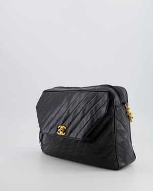 Chanel Vintage Black Large Camera Bag in Lambskin Leather with Front Pocket with 24k Gold Hardware