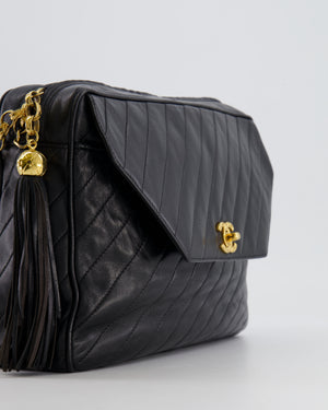 Chanel Vintage Black Large Camera Bag in Lambskin Leather with Front Pocket with 24k Gold Hardware