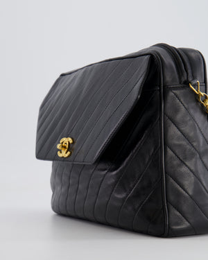 Chanel Vintage Black Large Camera Bag in Lambskin Leather with Front Pocket with 24k Gold Hardware