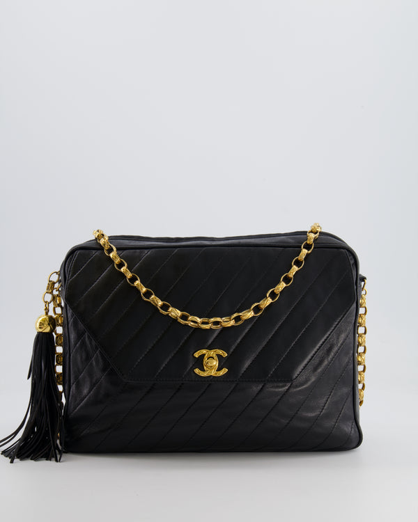 Chanel Vintage Black Large Camera Bag in Lambskin Leather with Front Pocket with 24k Gold Hardware