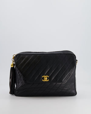 Chanel Vintage Black Large Camera Bag in Lambskin Leather with Front Pocket with 24k Gold Hardware