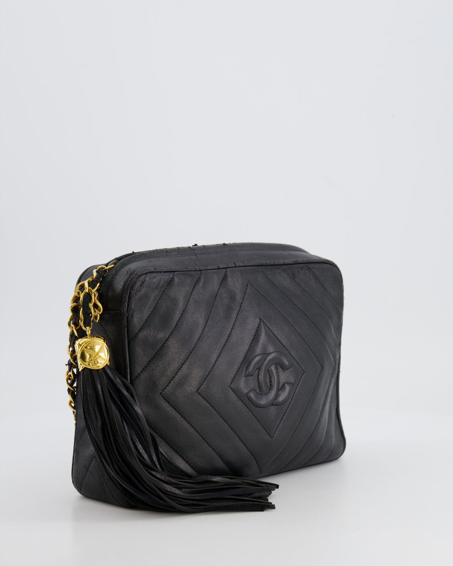 Chanel Vintage Black Diamond Camera Bag in Lambskin Leather with 24k Gold Hardware