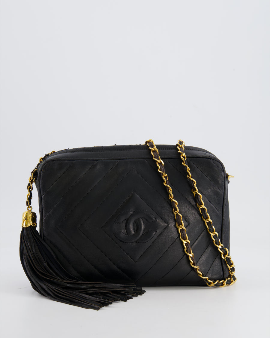 Chanel Vintage Black Diamond Camera Bag in Lambskin Leather with 24k Gold Hardware