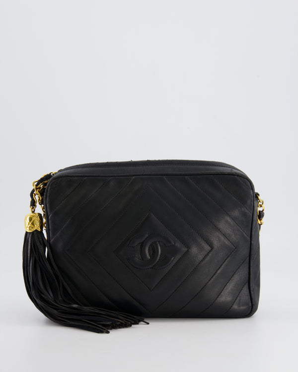 Chanel Vintage Black Diamond Camera Bag in Lambskin Leather with 24k Gold Hardware