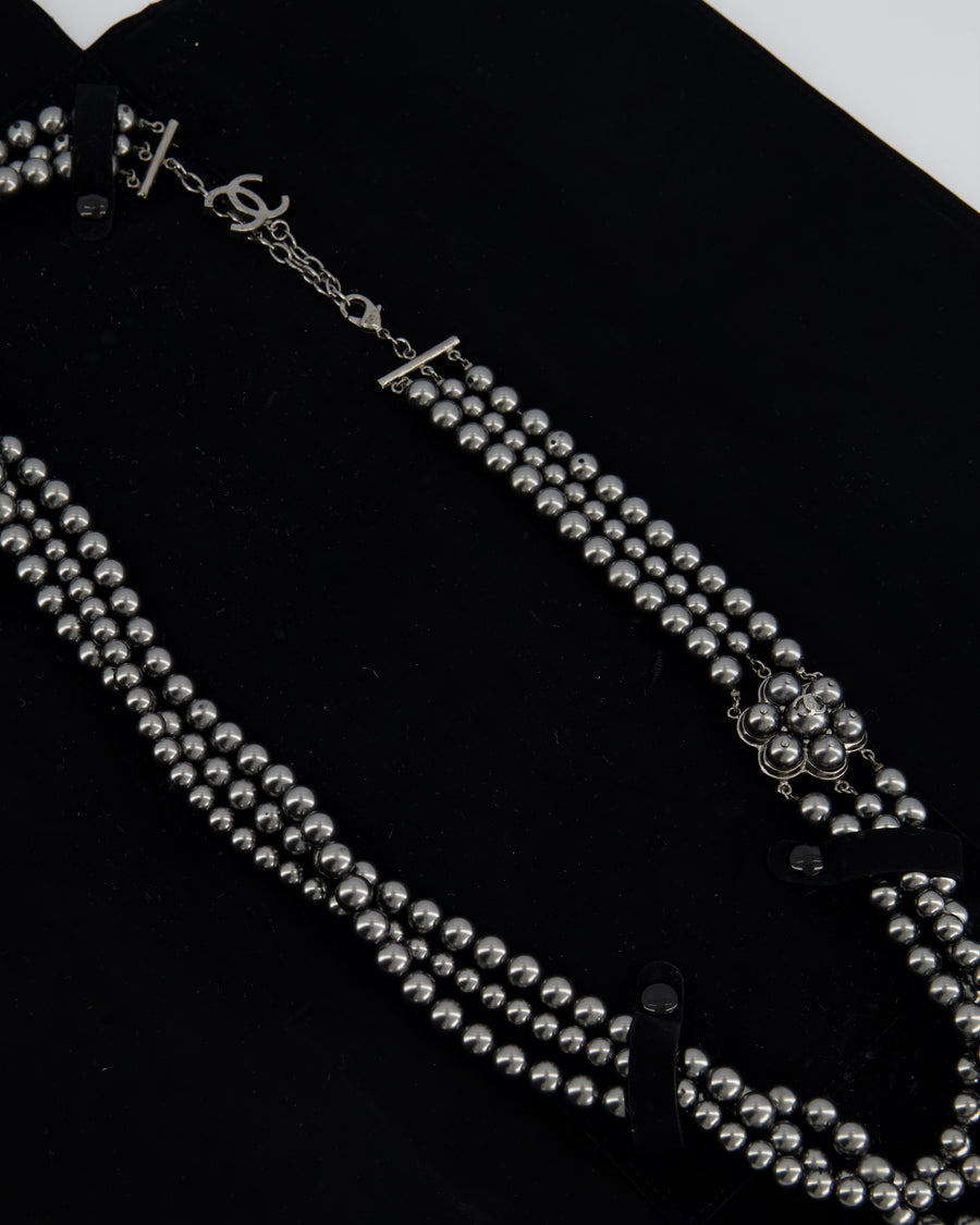 Chanel Grey Metallic Pearl Long Necklace with Pearl Flower and CC Logo Details