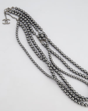 Chanel Grey Metallic Pearl Long Necklace with Pearl Flower and CC Logo Details