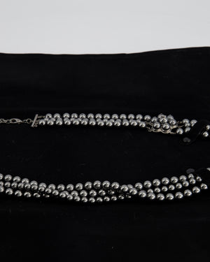 Chanel Grey Metallic Pearl Long Necklace with Pearl Flower and CC Logo Details