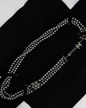 Chanel Grey Metallic Pearl Long Necklace with Pearl Flower and CC Logo Details