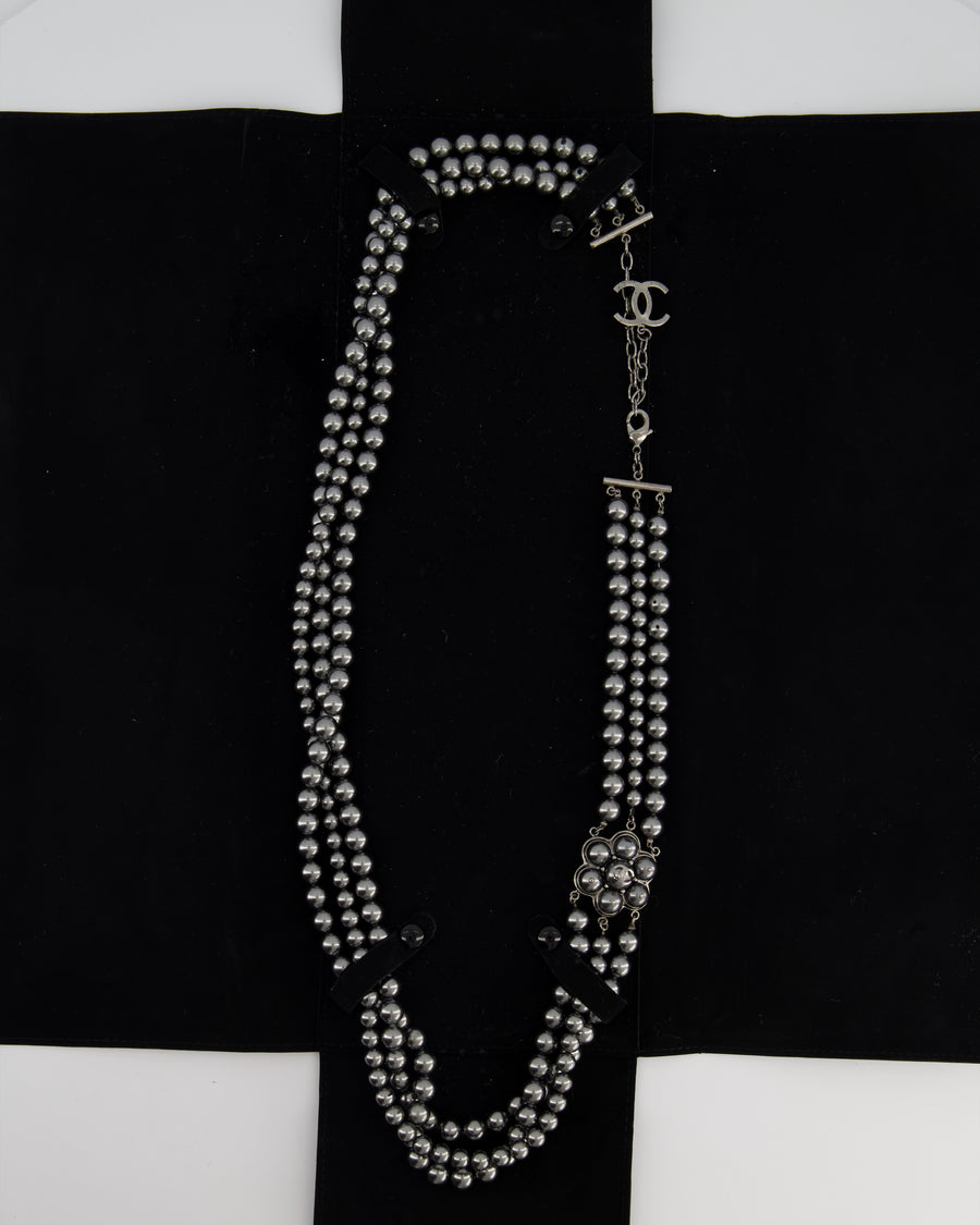 Chanel Grey Metallic Pearl Long Necklace with Pearl Flower and CC Logo Details