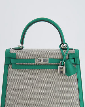 *RARE* Hermès Kelly Sellier Bag 25cm in Ecru & Black Toile Quadrille with Vert Vertigo Swift Leather and Palladium Hardware