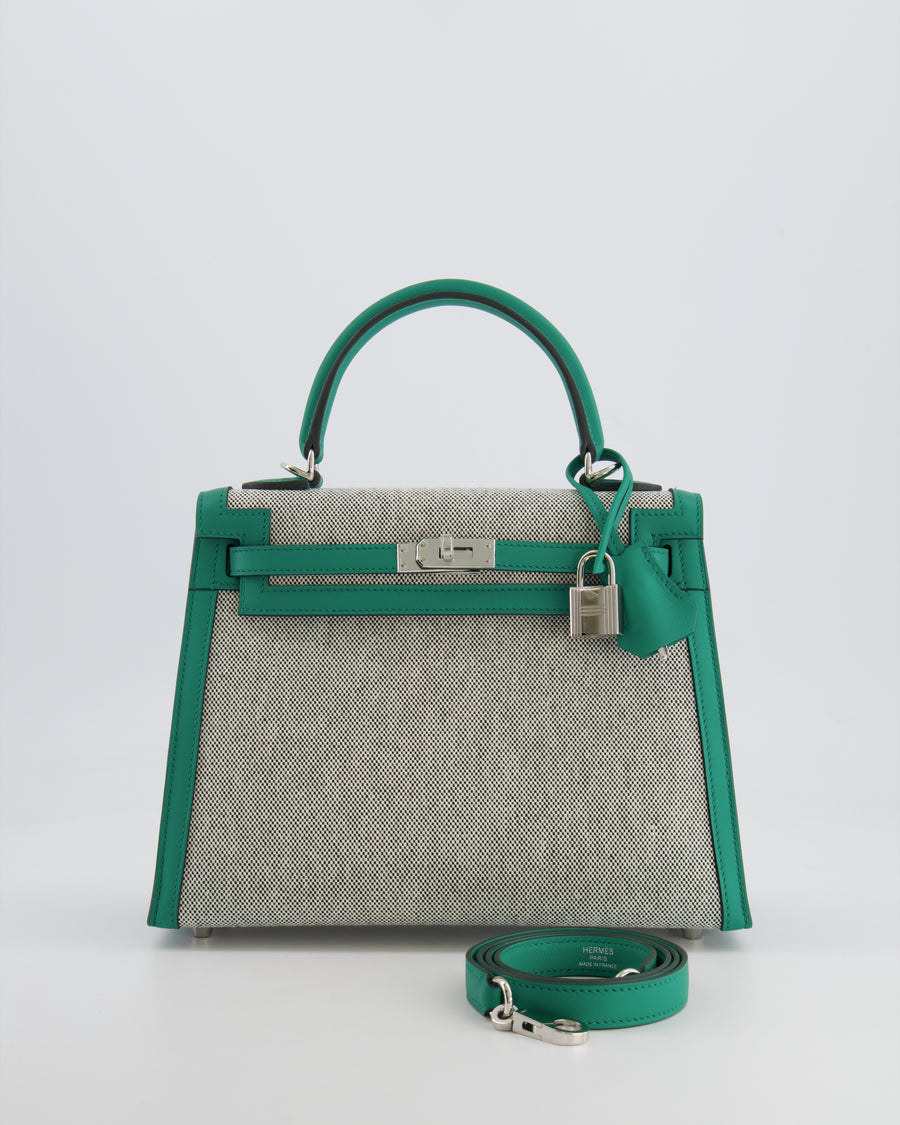 *RARE* Hermès Kelly Sellier Bag 25cm in Ecru & Black Toile Quadrille with Vert Vertigo Swift Leather and Palladium Hardware