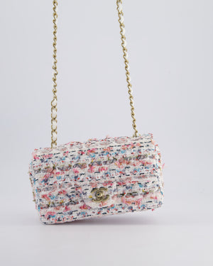 Chanel White & Multi Colour Pastel Tweed Mini Rectangular Single Flap Bag with Champagne Gold Hardware