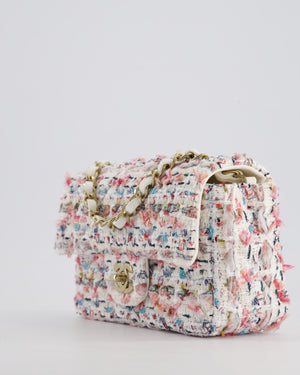 Chanel White & Multi Colour Pastel Tweed Mini Rectangular Single Flap Bag with Champagne Gold Hardware