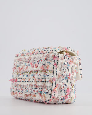 Chanel White & Multi Colour Pastel Tweed Mini Rectangular Single Flap Bag with Champagne Gold Hardware