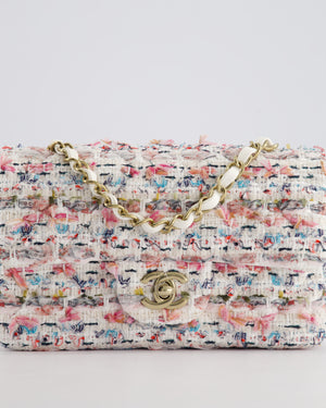 Chanel White & Multi Colour Pastel Tweed Mini Rectangular Single Flap Bag with Champagne Gold Hardware