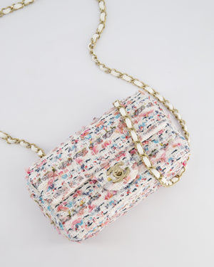 Chanel White & Multi Colour Pastel Tweed Mini Rectangular Single Flap Bag with Champagne Gold Hardware